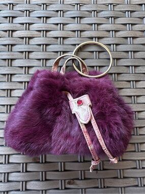 Caterina Lucchi Fur Mini Handbag Made In Italy Burgundy Ring Handle Y2K